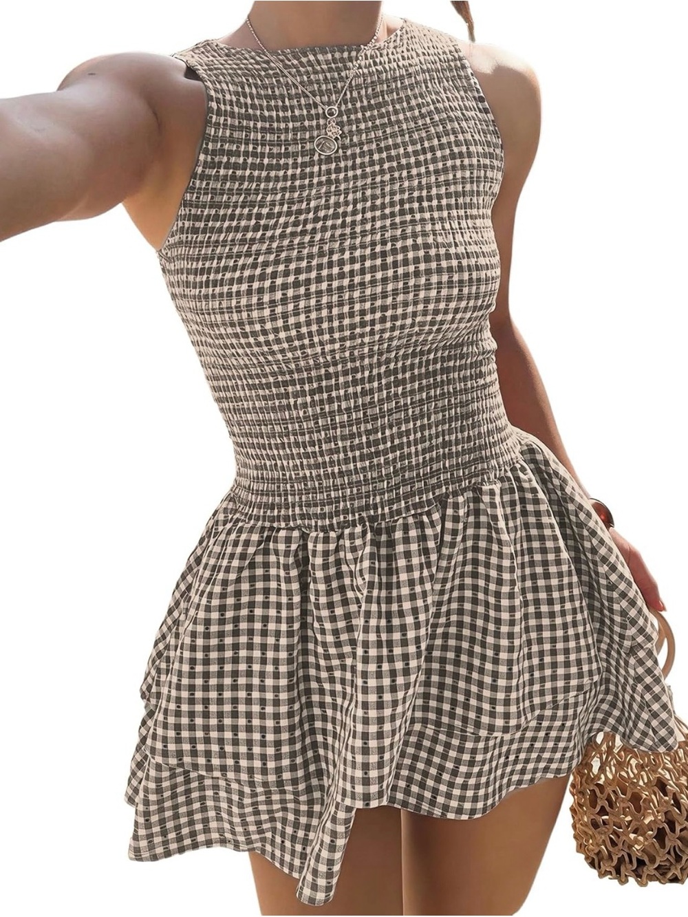 Sleeveless Black & White Gingham Smocked Mini Dress